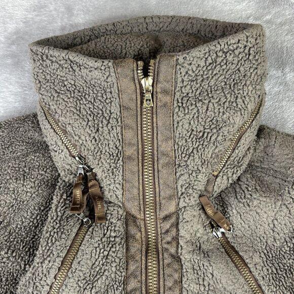 KUHL Flight Jacket Womens Large Brown Sherpa Fleece Hooded Full Zip Thumbholes - Picture 5 of 13